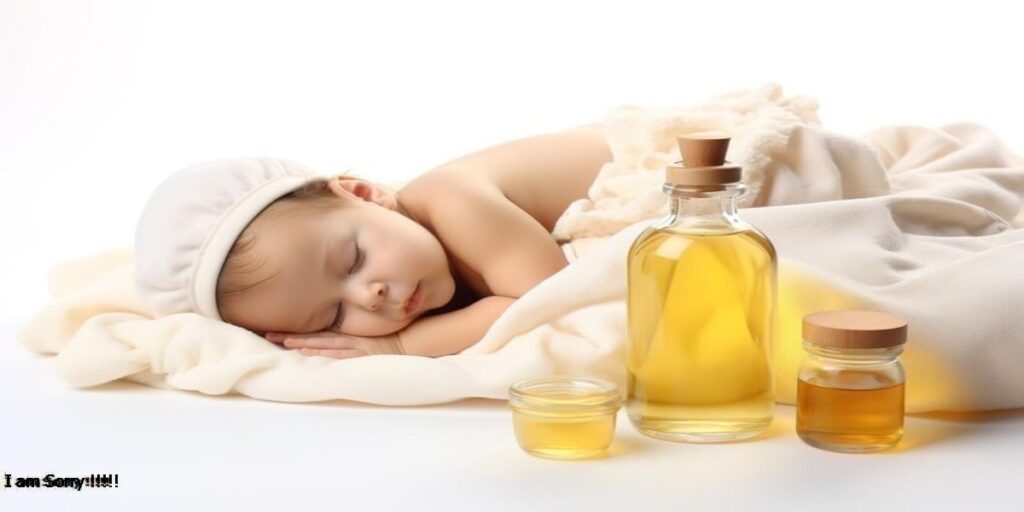 a baby sleeping in a blanket next to a bottle of liquid